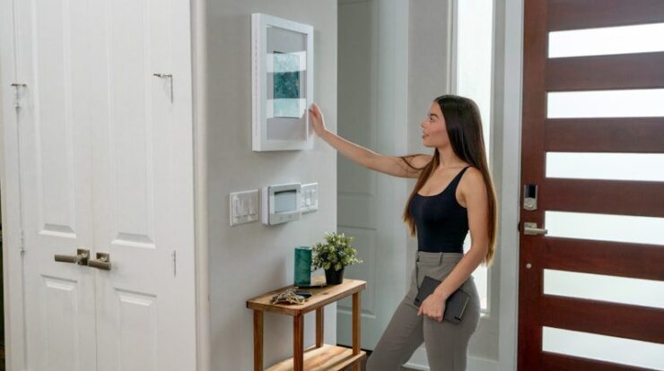 a woman standing in front of a wall mounted light switch