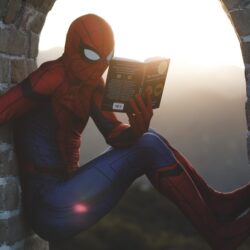 Spider-Man leaning on concrete brick while reading book